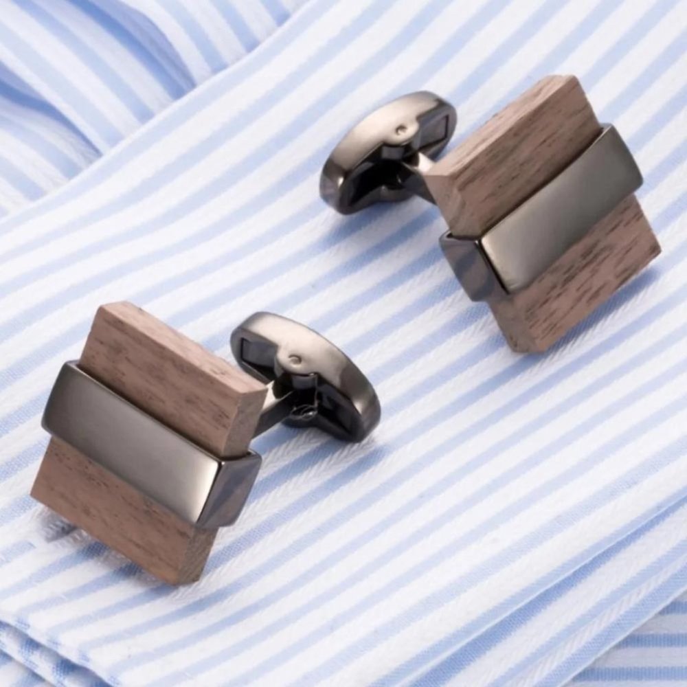 Lightweight Wood Square Stainless Steel Cuff Links